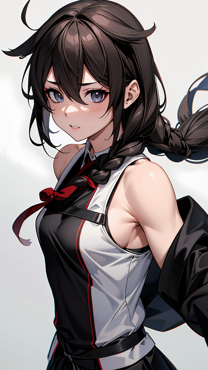 Shigure Kai 3 KanColle Sleeveless Black Thimble Glove Black Skirt Braid 8K High Resolution insanely detailedinsanely detailed eyes insanely detailed face、insanely detailed body、insanely detailed skin