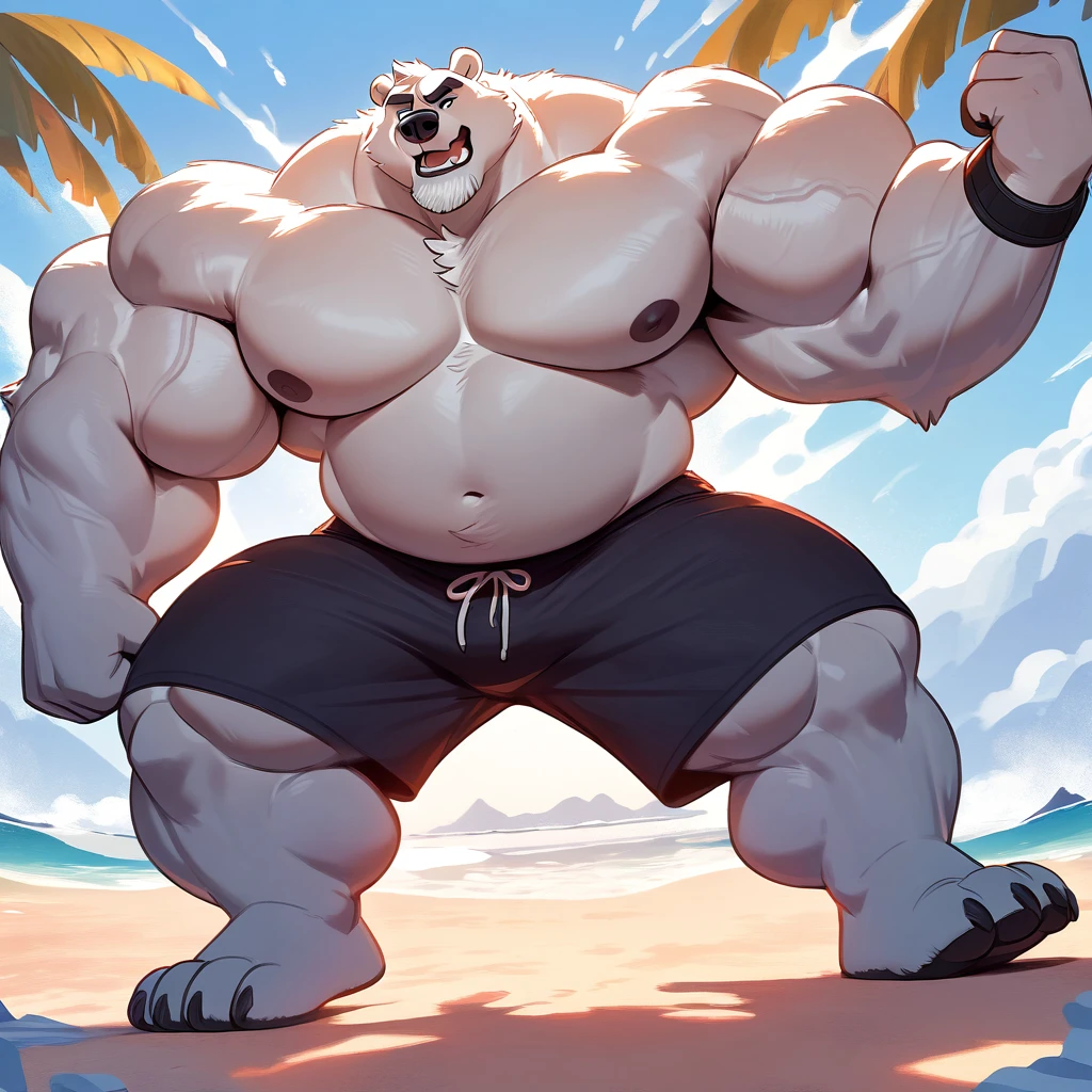 huge muscular polar bear in Tropical island beach, big grunting expression growl, polar bear, huge white fur, thick arm, huge arm, huge white fur, thick arm, huge arm, added gray mustache, added gray beard, short white hair, height: 220cm, weight: 440lbs, (veiny bulked up muscular, pectoral, wide pectoral, thick bulky arms), Walt Disney 2D Zootopia Animation Art Style, detailed gray eyebrows, detailed eyes with blue pupils, (wearing black swim trunks with blue slits, wristbands, shirtless, topless and feet), bouncing his pecs, flexing his biceps and his thorax