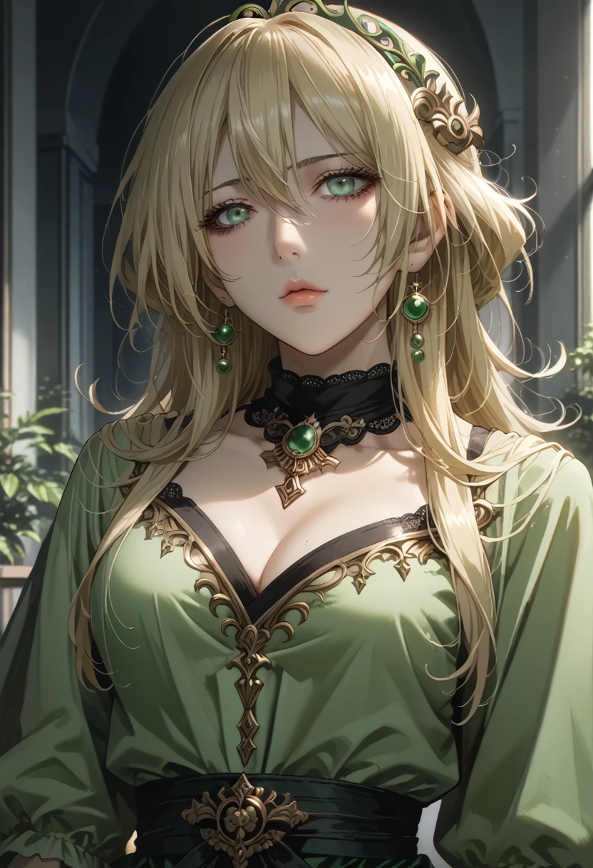 anime - style image of a woman in a pale green dress with long blonde hair, anime girl wearing a green dress, gothic maiden anime girl, seductive anime girl, beautiful alluring anime woman, guweiz, beautiful anime woman, blonde - haired ninja, ((a beautiful fantasy empress)), Hokage,guweiz on pixiv artstation, cute anime waifu in a nice dress
