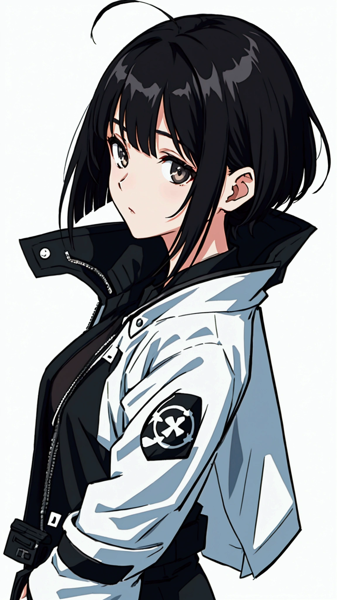 screenshot tokyo revengers, young girl with short black hair with white strands in front, slanted white eyes, completely black jacket, tokyo revengers style