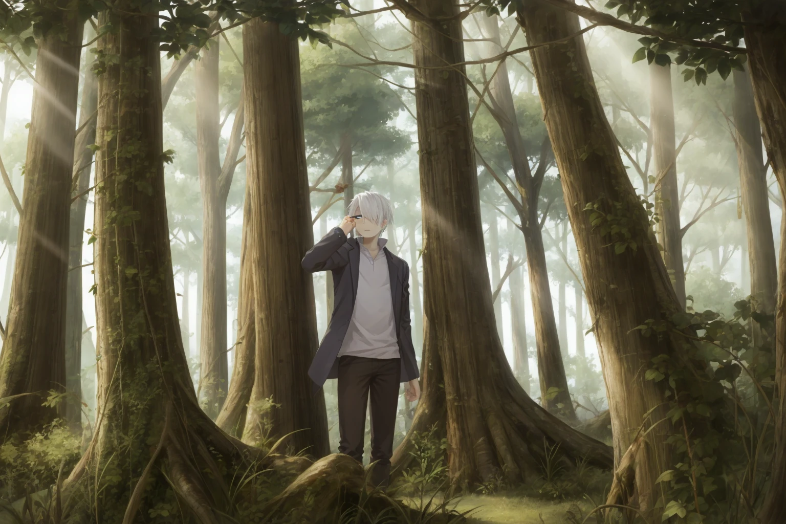 official art, best masterpiece, best quality, best resolution, 8K, best detailed, perfect anatomy, looking afar, dutch angle
BREAK
ginko_soul3142, solo, 1boy, white hair, green eyes, white shirt, hair over one eye
BREAK
perspective, feet out of frame, cowboy shot, , cigarette, smoking
BREAK
Expressionless
BREAK
Soft lighting, indirect lighting, absurd, outdoors, tree, sunlight, nature, forest, very fine and detailed 16KCG wallpapers