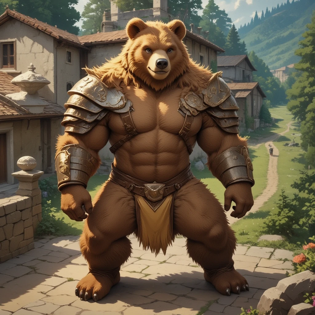 character focus, full body, looking away, dynamic angle, a musclegut middle-aged bear man, clothed, heroic costume, armor, pants, inner, dynamic pose, BREAK complete anatomy, perfect proportions, beautiful thigh gap, fluffy body, intricate fur details, beautiful fur texture, BREAK a detailed bear 1tail, detailed boots, detailed foot, detailed hands, 5fingers, 5fingers nails, BREAK aesthetic anime face, insanity detailed face, male face, big face, square jawline, aesthetic anime eyes, detailed brown eyes, detailed brown cornea, detailed dark brown irises, detailed pupils, male eyes, big eyes, male eyebrows, innocent look, beautiful beard, BREAK full body in Michelangelo Buonarroti style, digital illustration anime, housamo style, detailed painting landscape, european, fountain, path, outdoor, full body, HDR, BREAK masterpiece, official art, best quality, very aesthetic, absurdres, super fine illustration, great quality, BREAK noise reduction, very highres, large filesize, high quality, 32K, 8k wallpaper, dynamic lighting, BREAK insanity detailed, ultra detailed, intricate details, extremely detailed, detailed texture, an extremely delicate and beautiful, BREAK osukemo, e621 illustration, kemohomo, anthropomorphic, furry, cartoon, harmonious body, pastoral face, virtuous eyes, epic atmosphere