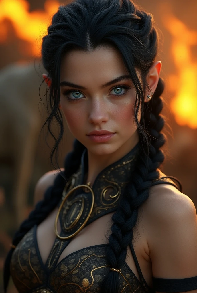 a portrait photo Ana de Armas, natural skin texture, 24mm, 4k textures, dirty skin, soft cinematic light, adobe lightroom, photolab, smiling, bandana, detailed rain, detailed braided pirate pigtails, detailed water drops, wet skin, freezing, masterpiece, (beautiful detailed eyes:1.1), best quality,  illustration, (detailed lighting:1.2),  (beautiful detailed glow:1.3),  skull tattoo, perfect glow, leather clothing, deep cleavage,  intricate, digital painting, smooth, sharp focus, end of the world, epic realistic, (hdr:1.4), (muted colors:1.4), pirates, neutral colors, night, screen space refractions, (intricate details, hyperdetailed:1.3), cinematic shot, vignette, sea ship deck background, pirate ships battle background, dim colors