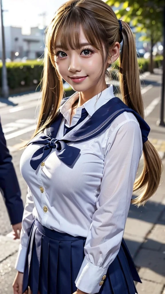  1 girl, Gal、 Japanese、( school uniform:1.3)、 navy blue uniform skirt 、8k、Best Quality、Super detailed、Realistic、Cinema Lighting 、85mm lens、 professional lighting 、 dark tanned skin 、Big Breasts:1.2、Gal風のメイク、cute、blonde、Blonde、smile、、 twin tails、Around town、Blonde、Blonde、 twin tails、 twin tails、Sailor suit