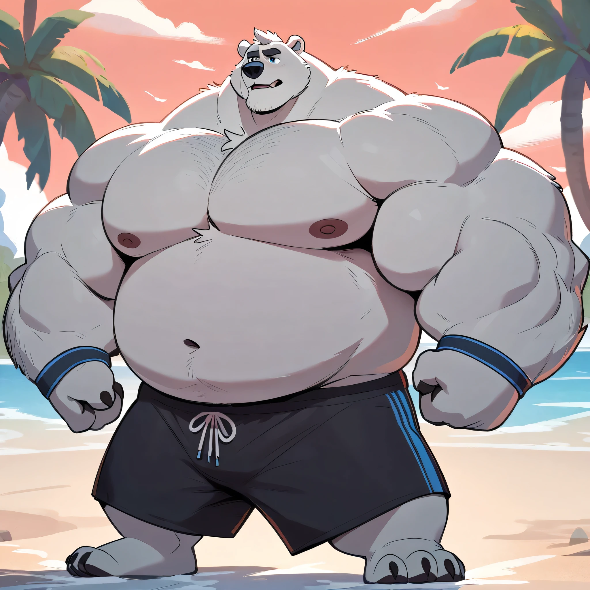 huge muscular polar bear in Tropical island beach, big grunting expression growl, polar bear, huge white fur, thick arm, huge arm, huge white fur, thick arm, huge arm, added gray mustache, added gray beard, short white hair, height: 220cm, weight: 440lbs, (veiny bulked up muscular, pectoral, wide pectoral, thick bulky arms), Walt Disney 2D Zootopia Animation Art Style, detailed gray eyebrows, detailed eyes with blue pupils, (wearing black swim trunks with blue slits, wristbands, shirtless, topless and feet), bouncing his pecs, flexing his biceps and his thorax