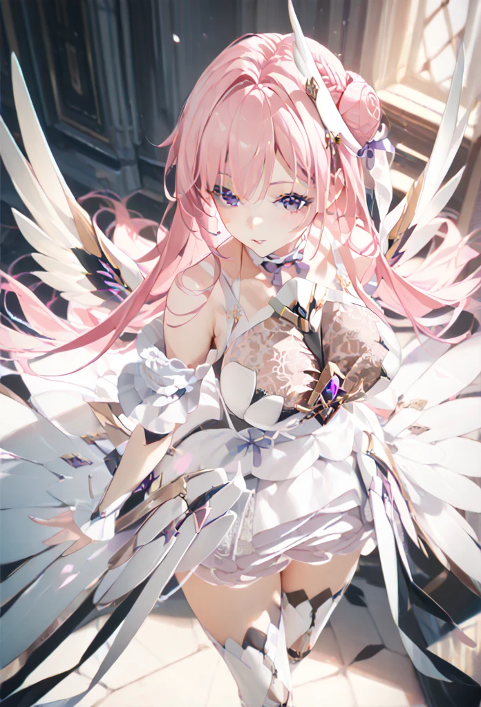 (Masterpiece, top quality: 1.4), high resolution, super fine illustration, fine skin, fine face, fine、

dorothyalt, pink hair, long hair, hair bun, braid, purple eyes, headgear, hair ribbon, hair ornament, chest jewel, see-through, large breasts, white dress, frilled choker, frills, detached sleeves, thighhighs, mechnical wings