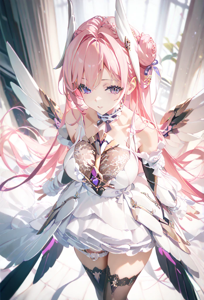 (Masterpiece, top quality: 1.4), high resolution, super fine illustration, fine skin, fine face, fine、

dorothyalt, pink hair, long hair, hair bun, braid, purple eyes, headgear, hair ribbon, hair ornament, chest jewel, see-through, large breasts, white dress, frilled choker, frills, detached sleeves, thighhighs, mechnical wings