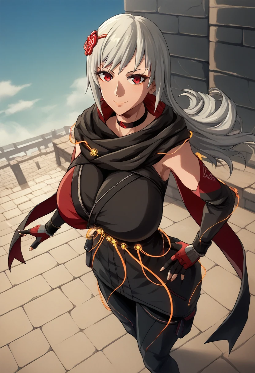 score_9, score_8_above, score_7_above, source_  animated, BREAK 1girl,   Looking at the viewer , smile,   hand on the hip, DefKasane  , long hair,   hair ornament  , choker, black jacket, Huge Breasts Huge Black Scarf  , red cape,  Separate sleeves , cables, red gloves,   fingerless gloves  ,   black pants  , al aire libre, sky, nube Big  Milf Thicc Hot Big Ass Curvilínea Cintura plana Milf ❤️‍🔥❤️‍🔥❤️‍🔥❤️‍🔥❤️‍🔥🔞🔞🔞🔞🥛🥛🥛🚺🚺💘💘💘 big Thicc Hot  ass