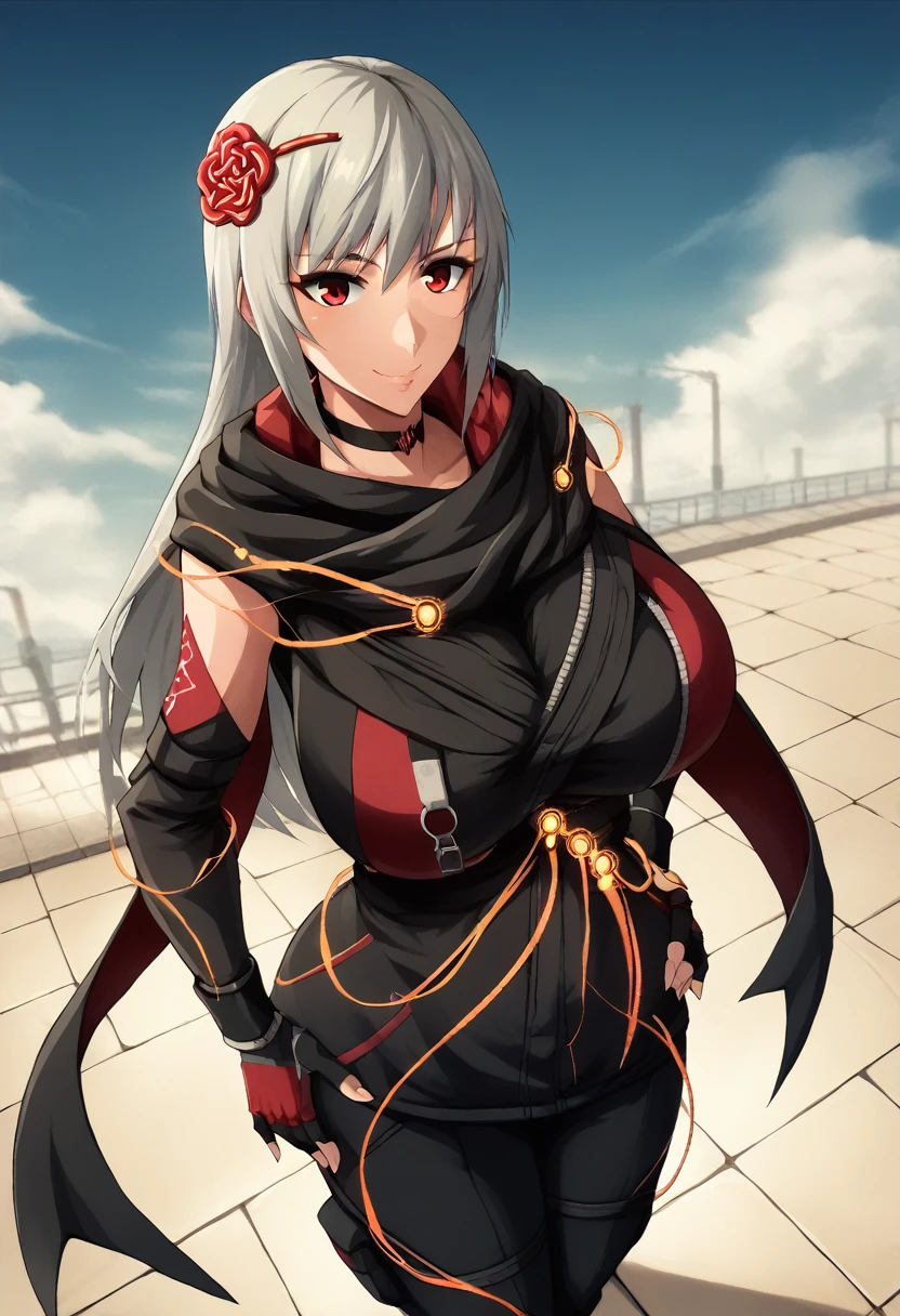 score_9, score_8_above, score_7_above, source_  animated, BREAK 1girl,   Looking at the viewer , smile,   hand on the hip, DefKasane  , long hair,   hair ornament  , choker, black jacket, Huge Breasts Huge Black Scarf  , red cape,  Separate sleeves , cables, red gloves,   fingerless gloves  ,   black pants  , al aire libre, sky, nube Big  Milf Thicc Hot Big Ass Curvilínea Cintura plana Milf ❤️‍🔥❤️‍🔥❤️‍🔥❤️‍🔥❤️‍🔥🔞🔞🔞🔞🥛🥛🥛🚺🚺💘💘💘 big Thicc Hot  ass