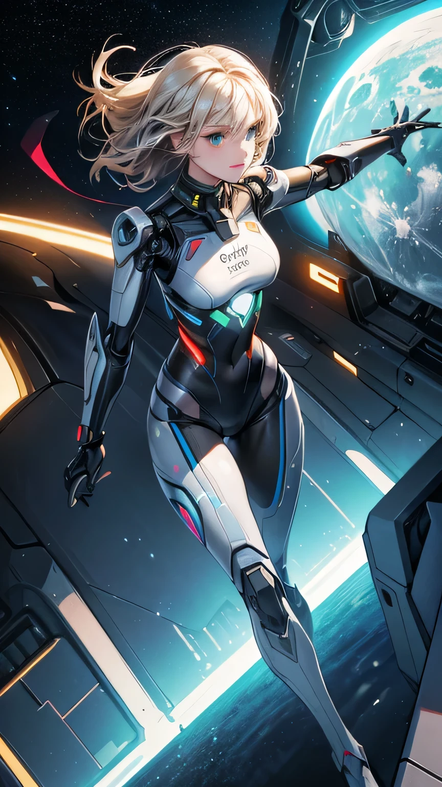 ((Best quality)), ((masterpiece)), (detailed: 1.4), (Absurd), Caucasian woman fighter pilot ready for war, front walking, Captain Brittany's outfit from Marvel comics, sculptural body defined, half-thick thighs bare, mouth closed, only in panties, muscular body covered by technological clothing, Neon Genesis Evangelion style, cyberpunk, generous neckline, ((perfect large breasts)), (blue eyes without pupils), ((very dark blue, red and white clothing)), ((((short blonde straight hair misaligned like Lucy from cyberpunk: mercenaries)))), (thin white stripes left blue covering the breasts), (red and white stripes on the arms), (((lightning bolt drawings on the arms)), long manga-style eyelashes, short underwear, garter belt, by mucha, niji --V5, close to real, psychopathic, crazy face, sexy pose, background with a giant Gundam style robot head, 2 piece clothing, shoulder pads, airplane wings on the back, pastel, centered, scale to fit dimensions, HDR (High Dynamic Range),Ray Tracing,NVIDIA RTX,Super-Resolution,Unreal 5,Subsurface dispersion, PBR texture, Post-processing, Anisotropic filtering, Depth of field, Maximum clarity and sharpness, Multilayer textures, Albedo and specular maps, Surface Shading, Accurate Simulation of Light-Material Interaction, Perfect Proportions, Octane Render, Two-Tone Lighting, Wide Aperture, Low ISO, White Balance, Rule of Thirds, 8K RAW, Crysisnanosuit