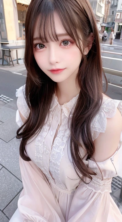 ((top-quality、8k、​masterpiece:1.3))、1girl in、A smile、full body Esbian、Slim Faces、Pretty women、(Wavy brown hair)、Full-length dresses:1.1、hyperdetailed face、A detailed eye、double eyelid、blured background、Slim Faces、City、takeout、a street、bangss、date、chest see-through、Dark eyeliner、cafe terrace、