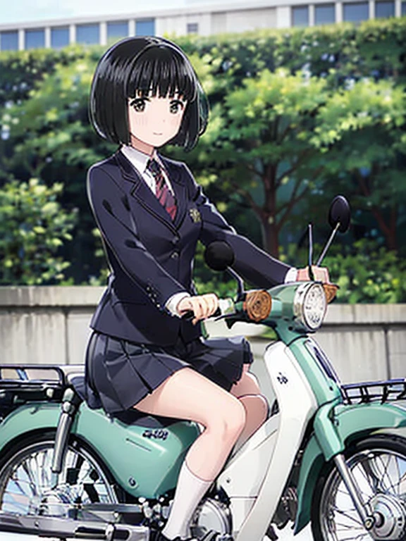 (masterpiece:1.2),Best Quality,shape,Beautiful detailed young ， short stature ，The girls (blazer uniform，skirt:1.3) (I'm riding the Deep Green Super Cub:1.2)，Straddle， (smile:1.0),,( Beautiful Brown Eyes、  sparkling eyes、 Very beautiful eyes ),( shiny black hair :1.0),( bob cut :1.2),( split bangs :1.3， cowboy shot，Autumn leaves，