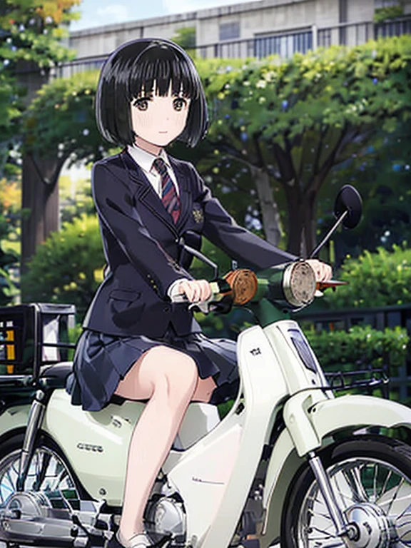 (masterpiece:1.2),Best Quality,shape,Beautiful detailed young ， short stature ，The girls (blazer uniform，skirt:1.3) (I'm riding the Deep Green Super Cub:1.2)，Straddle， (smile:1.0),,( Beautiful Brown Eyes、  sparkling eyes、 Very beautiful eyes ),( shiny black hair :1.0),( bob cut :1.2),( split bangs :1.3， cowboy shot，Autumn leaves，