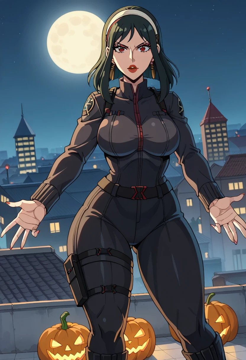 score_9, score_8_up, score_7_up, source_anime, front view, happy, smilling, Marvel_Black_Widow, solo, yor briar, black hair, red eyes, earrings, white hairband, hairband, long hair, sidelocks, black suit, tactic suit, dutch angle, action pose, Black Widow costume,  Black Widow uniform,  tight uniform, black uniform, high boots, neon lights, magenta lights, cyan lights, halloween pumpkin, halloween, night, looking at viewer, modern city, iconic Black Widow black tactical suit, tactical suit black pants, one piece black tactical suit, reinforced armor, utility belts, metallic boots and the red hourglass symbol on her belt. pink nails, makeup, 1girl, lipstick, makeup, earrings, red lips. (((big hips))), hourglass body, (medium breasts:1.5), slim waist, detailed background. femenine hands, curvaceous figure. (wide hips:1.5), (wide thighs:1.5),, buildings, (mature body), perfect eyes, front view, nail polish, (perfect hands), masterpiece, high quality, 1girl, mature woman, milf, makeup, thick red lips, detail face, hourglass body, curvy body, perfect huge round breast, wide hips, thick thighs, night, looking at viewer, (rooftop:1.5), outdoors, city  background, smooth, cinematic lighting, moon lighting, expressiveh, easynegative, Expressiveh, ng_deepnegative_v1_75t, good_hands 