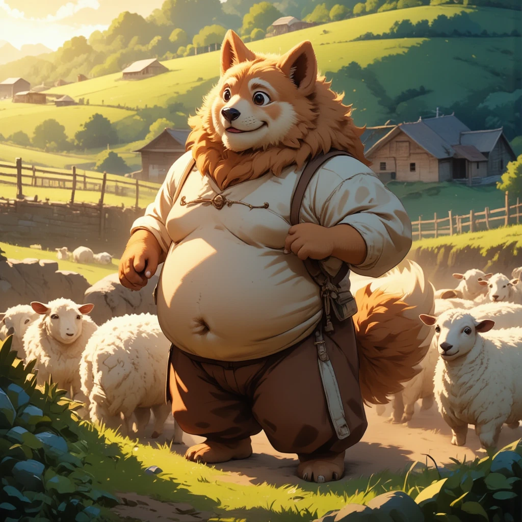 shepherd, plump middle-aged akita inu man, happy, light smile, costume, pants, pastoral stick, a flock of sheep, detailed painting landscape, afternoon, sheep farm, outdoor, BREAK full body in Michelangelo Buonarroti style, digital illustration anime, character focus, full body, looking away, dynamic angle, BREAK complete anatomy, perfect proportions, beautiful thigh gap, fluffy body, intricate fur details, beautiful fur texture, BREAK detailed akita inu tail, detailed toe, 5toes, 5toes nails, beautiful foot, detailed hands, 5fingers, 5fingers nails, BREAK aesthetic anime face, insanity detailed face, male face, big face, square jawline, aesthetic anime eyes, detailed brown eyes, detailed brown cornea, detailed dark brown irises, detailed pupils, male eyes, big eyes, male eyebrows, innocent look, beautiful beard, BREAK masterpiece, official art, best quality, very aesthetic, absurdres, super fine illustration, great quality, BREAK noise reduction, very highres, large filesize, high quality, 32K, 8k wallpaper, dynamic lighting, BREAK insanity detailed, ultra detailed, intricate details, extremely detailed, detailed texture, an extremely delicate and beautiful, full color, HDR, BREAK e621 illustration, Fur Affinity illustration, osukemo, kemohomo, anthropomorphic, furry, cartoon, harmonious eyes, pastoral face, virtuous body, epic atmosphere 