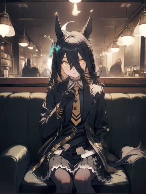 a man sitting alone in a manhattan cafe, expressionless, ahoge, black jacket, shirt, tie, black gloves, skirt, pantyhose, single earring, tail