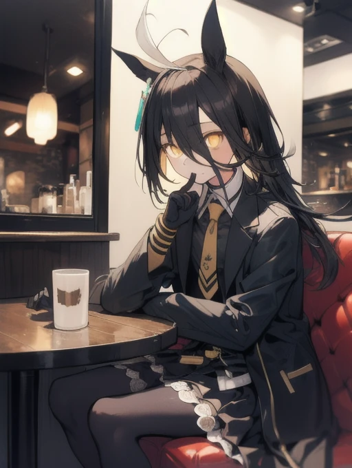 a man sitting alone in a manhattan cafe, expressionless, ahoge, black jacket, shirt, tie, black gloves, skirt, pantyhose, single earring, tail