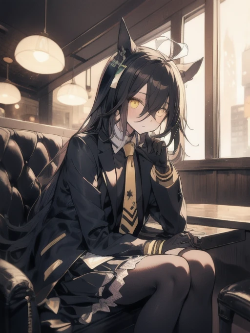 a man sitting alone in a manhattan cafe, expressionless, ahoge, black jacket, shirt, tie, black gloves, skirt, pantyhose, single earring, tail