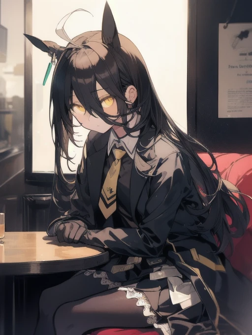 a man sitting alone in a manhattan cafe, expressionless, ahoge, wearing a black jacket, shirt, tie, black gloves, skirt, pantyhose, single earring, tail