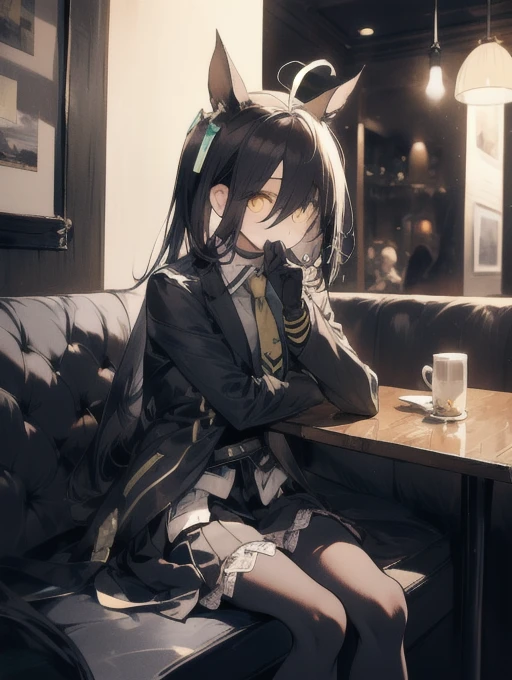 a man sitting alone in a manhattan cafe, expressionless, ahoge, wearing a black jacket, shirt, tie, black gloves, skirt, pantyhose, single earring, tail