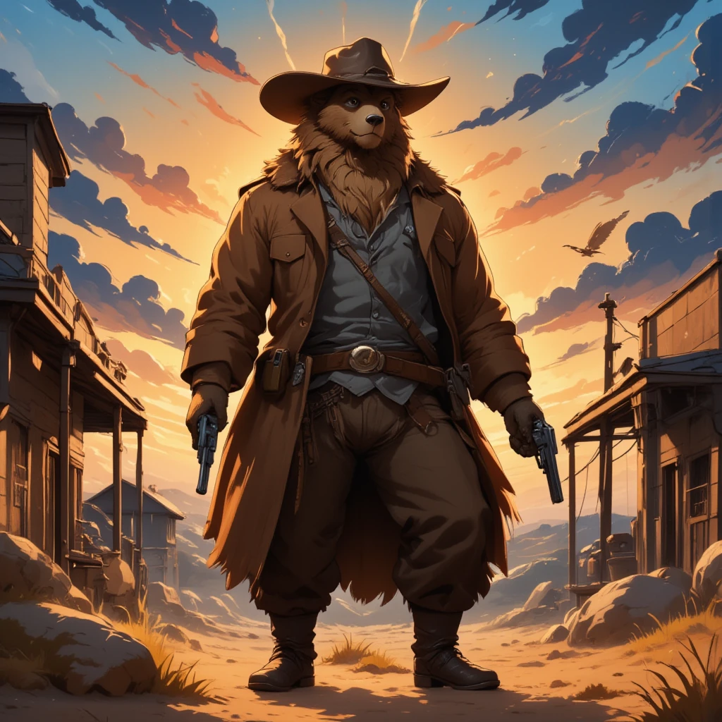 sheriff's, a musclegut middle-aged clothing western bear man, sheriff's hat, pistol, revolver holster, costume, jacket, shirt, half pants, boots, rushing wind, gun duel, dynamic pose, evening sun, western village, path, a tumbleweed rolling across a desert landscape, detailed painting landscape, outdoor, BREAK full body in Michelangelo Buonarroti style, character focus, 1boy, full body, looking away, dynamic angle, niji6, niji5, BREAK complete anatomy, perfect proportions, beautiful thigh gap, fluffy body, intricate fur details, beautiful fur texture, BREAK detailed bear 1tail, detailed boots, beautiful foot, detailed hands, 5fingers, 5fingers nails, BREAK aesthetic anime face, insanity detailed face, male face, big face, square jawline, aesthetic anime eyes, detailed brown eyes, detailed brown cornea, detailed dark brown irises, detailed pupils, male eyes, big eyes, male eyebrows, innocent look, beautiful beard, BREAK masterpiece, official art, best quality, very aesthetic, absurdres, super fine illustration, great quality, BREAK noise reduction, very highres, large filesize, high quality, 32K, 8k wallpaper, dynamic lighting, BREAK insanity detailed, ultra detailed, intricate details, extremely detailed, detailed texture, an extremely delicate and beautiful, full color, HDR, BREAK e621 illustration, Fur Affinity illustration, osukemo, kemohomo, anthropomorphic, furry, cartoon, harmonious eyes, pastoral face, virtuous body, western atmosphere 