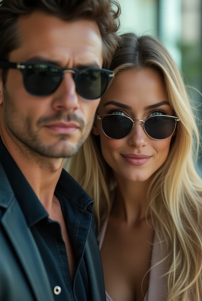 (Photorealism:1.1) a couple man dark brown hair and brown eyes together with a woman blonde green eyes long hair no pitlane da formula 1 em Monza óculos Rayban e um IWC portuguese e usando aliança de casamento 8k ultra realistic super detailed