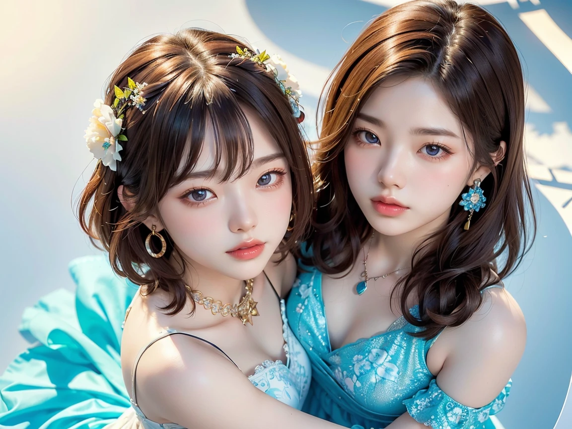 Psychedelic world、Lolita Fashion、（（Two beautiful girls））、18-year-old girl、Big eyes、Small breasts、Light Brown Hair、colorful gel background、Fractal Background、Perfect lighting、Sharp focus、High resolution、High resolution、High color reproducibility、High resolution、Ultra-realistic、Photorealistic 