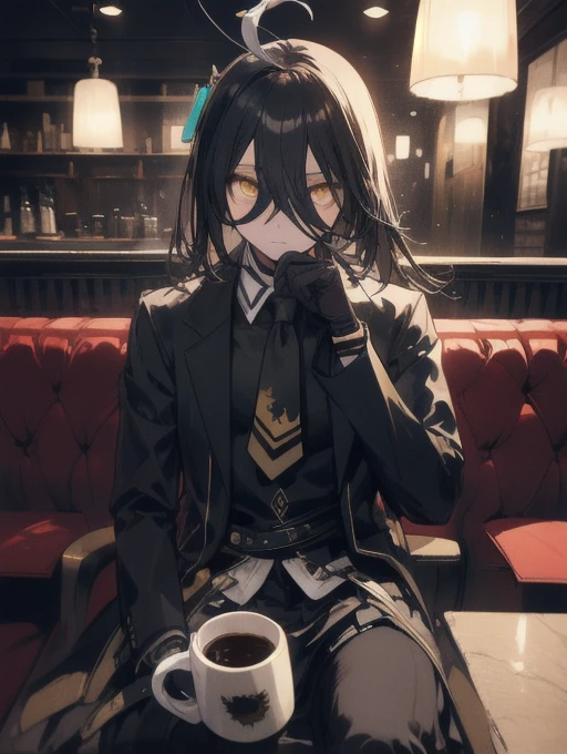 a man sitting alone in a manhattan cafe, expressionless, ahoge, black jacket, shirt, tie, black gloves, skirt, pantyhose, single earring, coffee mug, cinematic lighting, moody atmosphere, photorealistic, highly detailed, 8k, masterpiece