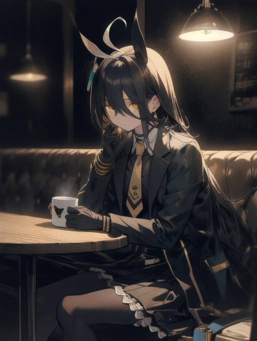 a man sitting alone in a manhattan cafe, expressionless, ahoge, black jacket, shirt, tie, black gloves, skirt, pantyhose, single earring, coffee mug, cinematic lighting, moody atmosphere, photorealistic, highly detailed, 8k, masterpiece