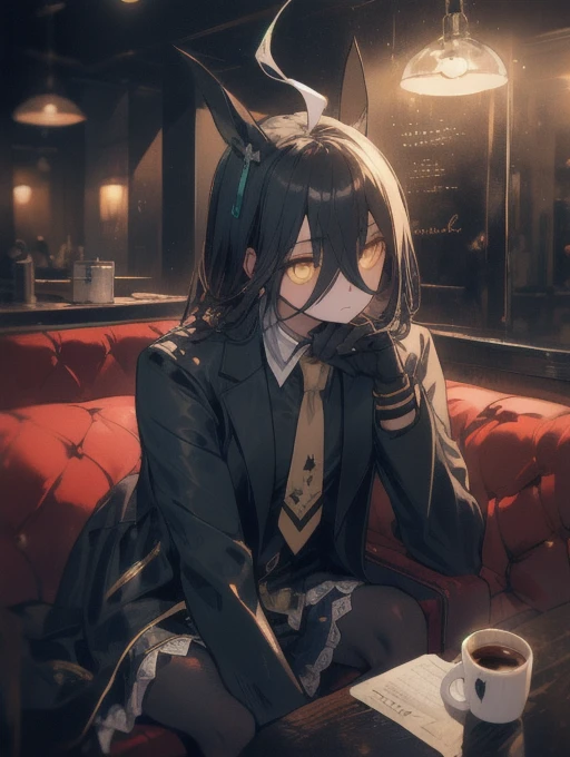 a man sitting alone in a manhattan cafe, expressionless, ahoge, black jacket, shirt, tie, black gloves, skirt, pantyhose, single earring, coffee mug, cinematic lighting, moody atmosphere, photorealistic, highly detailed, 8k, masterpiece