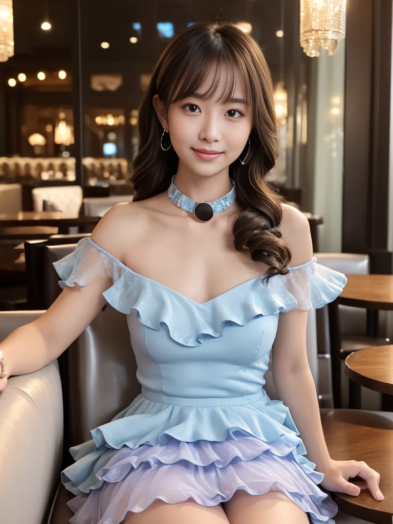  Full Body Shot , (Late-night secret meeting)
break, 
((Transparent idol dress :1.2)), ((pastel collar mini dress:1.2)), ((frille layered skirt:1.2)), ((Bare Shoulder:1.2)), 
break, 
 viewers, Japanese female university student, (One Woman:1.2),  she's so beautiful , Glowing Skin,  perfect face,  cute and symmetrical faces, 
break, 
Light Brown Hair,  medium hair ,  Wavy Hair, Makeup, 
break, 
((Inside a fancy-decorated cafe:1.4)), (Night view), (Cute Smile), (8k,  RAW Photos, Best Quality, masterpiece:1.2), (Realistic,  Realistic as a Picture :1.4),  very detailed,  beautiful woman with shallow depth of field , Beautiful Hair, Beautiful Face,  Beautiful attention to detail, Real Skin, Beautiful fingers,  perfect anatomy, Perfect legs, Perfect hands,  perfect eyes,  perfect body, double eyelid, ( natural side lighting , Cinema Lighting), NSFW,