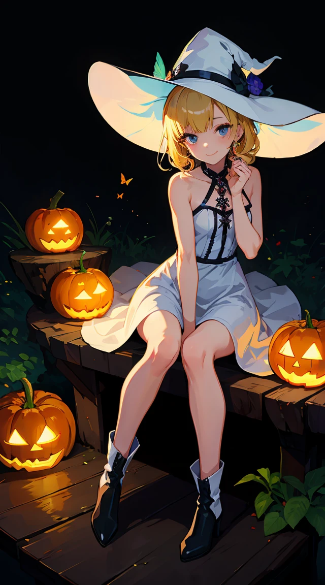 ink outline, fine detail rendered, colorful, horror style,
1girl, sitting on a stump, holding a jack-o-lantern with both hands, full body
chibi, short blonde hair,adorable, cute, kawaii, smile,olorful candles lined up all around her,
white witch, c white witch hat, white dress, boots, stunningly crafted jewelry,, deep forest, butterflies, fantastic, mysterious, most fashionable, most stylish, dark background, detailed background, every detail is rendered in superb detail, perfect composition, masterpiece, best quality, 8k, ultra-detailed, very clear, perfect anatomy, anatomically correct hands, beautiful face, beautiful eyes, detailed eyes, beautiful hair, detailed hair,