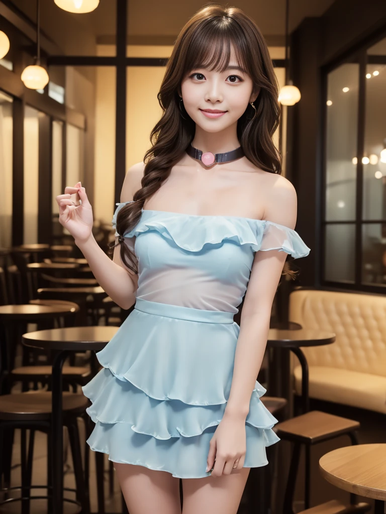  Full Body Shot , (Late-night secret meeting)
break, 
((Transparent idol dress :1.2)), ((pastel collar mini dress:1.2)), ((frille layered skirt:1.2)), ((Bare Shoulder:1.2)), 
break, 
 viewers, Japanese female university student, (One Woman:1.2),  she's so beautiful , Glowing Skin,  perfect face,  cute and symmetrical faces, 
break, 
Light Brown Hair,  medium hair ,  Wavy Hair, Makeup, 
break, 
((Inside a cafe with a cute interior:1.4)), (Night view), (Cute Smile), (8k,  RAW Photos, Best Quality, masterpiece:1.2), (Realistic,  Realistic as a Picture :1.4),  very detailed,  beautiful woman with shallow depth of field , Beautiful Hair, Beautiful Face,  Beautiful attention to detail, Real Skin, Beautiful fingers,  perfect anatomy, Perfect legs, Perfect hands,  perfect eyes,  perfect body, double eyelid, ( natural side lighting , Cinema Lighting), NSFW,