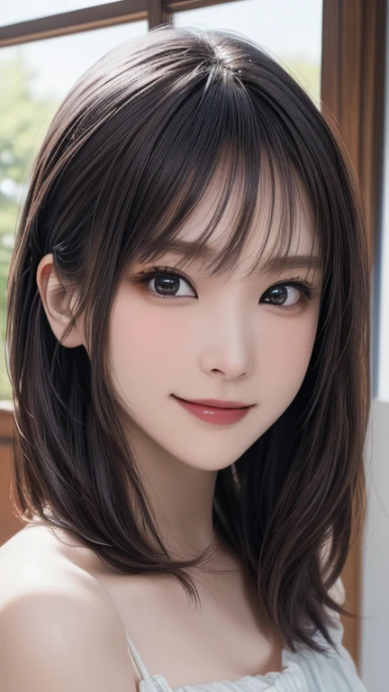 (Best Quality,8K quality,masterpiece:1.3),( super high resolution ,Realistic:1.4,Live Shooting),(Super detailed, caustics),( Ultra Realistic Capture,  beautiful and detailed skin ),  beautiful Japanese,  asymmetrical bang,  smiling at the camera ,Soft light, The light is shining in from above,Natural Light, No frame splitting