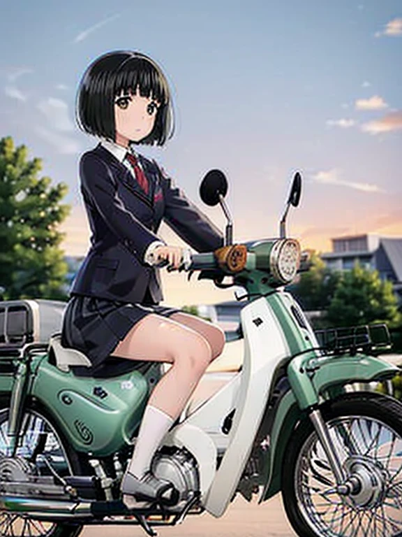 (Masterpiece:1.2)，Best Quality，Highest quality，shape，Beautiful detailed young ，Very short stature，Girls (blazer uniform，skirt:1.3)，black stockings，(I'm riding the Deep Green Super Cub:1.5)，Straddle， (smile:1.0)，( Beautiful Brown Eyes， sparkling eyes，Very beautiful eyes )，( shiny black hair :1.0),( bob cut :1.2),( split bangs :1.3， cowboy shot，autumn，autumnのきれいな紅葉，At dusk，Beautiful sunset，