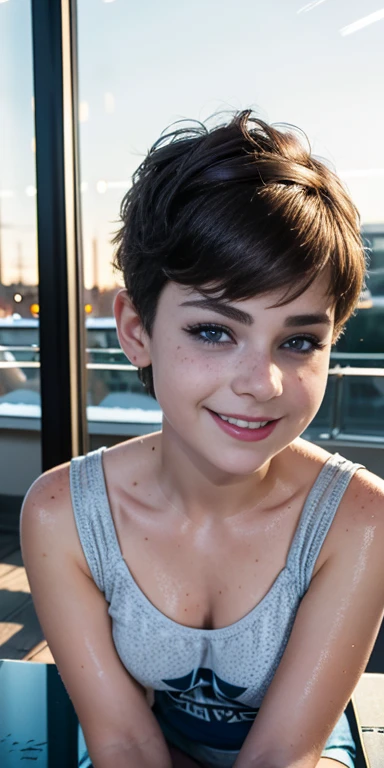 Photo of a  European girl, .raw, beautiful woman,freckles on cheeks and chest ,beautiful blue eyes(Light Brown Pixie Haircut), pixie haircut  ((portrait)), ((detailed face:1.2)), ((Detailed facial features)), (finely detailed skin), pale skin,Park, london ferris wheel、Purple sleeveless t-shirt with skull image  , falda lila con imagenes de cuadros, Loose white belt, long boots with heels ,Cute makeup, Purple eyeshadow on the eyelids. ,A sexy one(color genial), wet, wet, Reflectors, ( Table surface ) (perfect proportions)(fotos realistas)(The best quality) (detailed) photographed with a Canon EOS R5, 50mm lens, f/2.8, NffSW, (8K) ( wallpaper) ( cinematographic lighting ) ( dramatic lighting ) (Sharp focus) (complex) nice smile , happy ,  playing electric guitar ,  medium breasts , freckles on the face and chest , beautiful teenage model  , fashion  , sombra de ojos color morado , has freckles on his face , He has winter clothes , snow , Park nevado , sunset , garden 