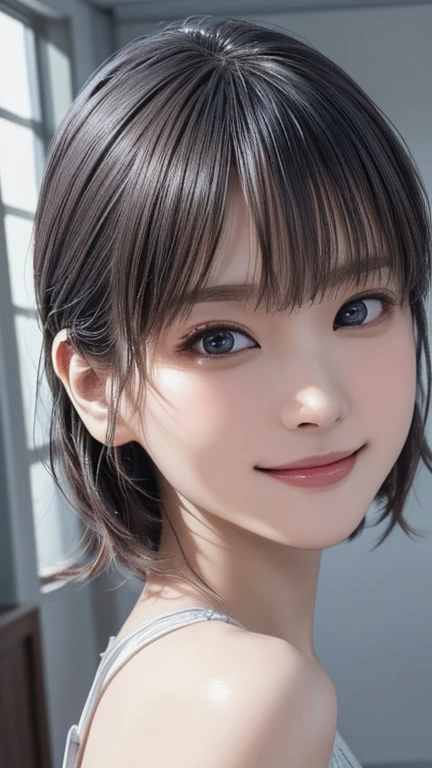 (Best Quality,8K quality,masterpiece:1.3),( super high resolution ,Realistic:1.4,Live Shooting),(Super detailed, caustics),( Ultra Realistic Capture,  beautiful and detailed skin ),  beautiful Japanese,  asymmetrical bang,  smiling at the camera ,Soft light, The light is shining in from above,Natural Light, No frame splitting