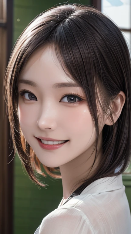 (Best Quality,8K quality,masterpiece:1.3),( super high resolution ,Realistic:1.4,Live Shooting),(Super detailed, caustics),( Ultra Realistic Capture,  beautiful and detailed skin ),  beautiful Japanese,  asymmetrical bang,  smiling at the camera ,Soft light, The light is shining in from above,Natural Light, No frame splitting