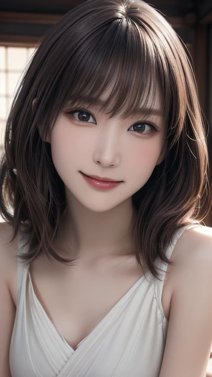 (Best Quality,8K quality,masterpiece:1.3),( super high resolution ,Realistic:1.4,Live Shooting),(Super detailed, caustics),( Ultra Realistic Capture,  beautiful and detailed skin ),  beautiful Japanese,  asymmetrical bang,  smiling at the camera ,Soft light, The light is shining in from above,Natural Light, No frame splitting