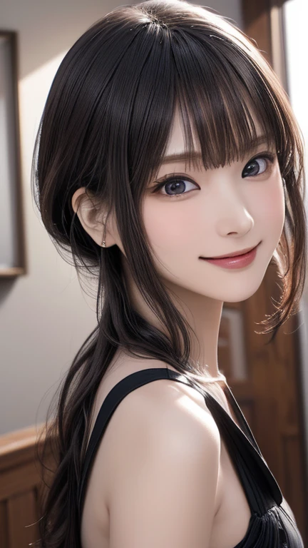 (Best Quality,8K quality,masterpiece:1.3),( super high resolution ,Realistic:1.4,Live Shooting),(Super detailed, caustics),( Ultra Realistic Capture,  beautiful and detailed skin ),  beautiful Japanese,  asymmetrical bang,  smiling at the camera ,Soft light, The light is shining in from above,Natural Light, No frame splitting