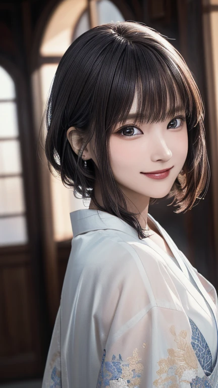 (Best Quality,8K quality,masterpiece:1.3),( super high resolution ,Realistic:1.4,Live Shooting),(Super detailed, caustics),( Ultra Realistic Capture,  beautiful and detailed skin ),  beautiful Japanese,  asymmetrical bang,  smiling at the camera ,Soft light, The light is shining in from above,Natural Light, No frame splitting