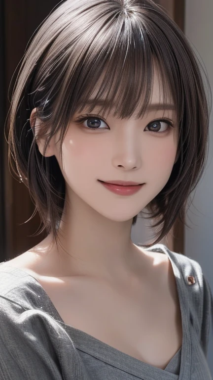 (Best Quality,8K quality,masterpiece:1.3),( super high resolution ,Realistic:1.4,Live Shooting),(Super detailed, caustics),( Ultra Realistic Capture,  beautiful and detailed skin ),  beautiful Japanese,  asymmetrical bang,  smiling at the camera ,Soft light, The light is shining in from above,Natural Light, No frame splitting