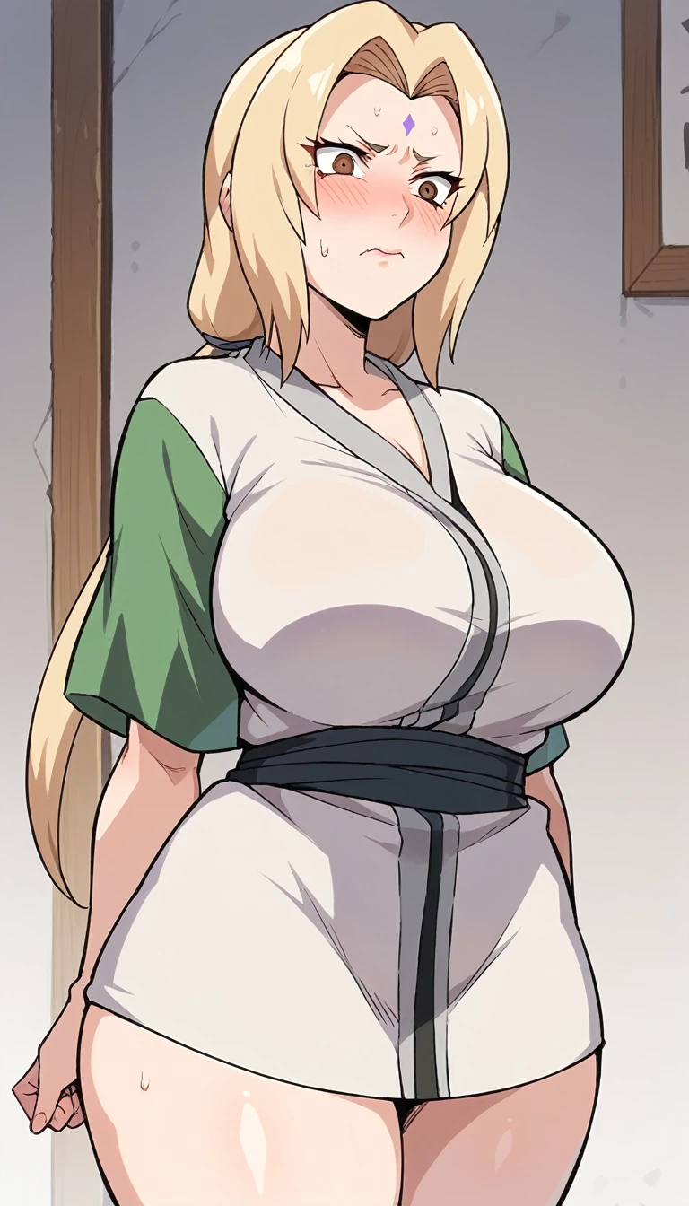 tsunade, blonde hair, yellow hair, facial mark, forehead mark, long hair, makeup, mature female, Thick thighs,  brown eyes, parted bangs, twintails, low twintails, large breasts, red face, embarrassed, Ashamed, oversized t-shirt, no pants, blush, 