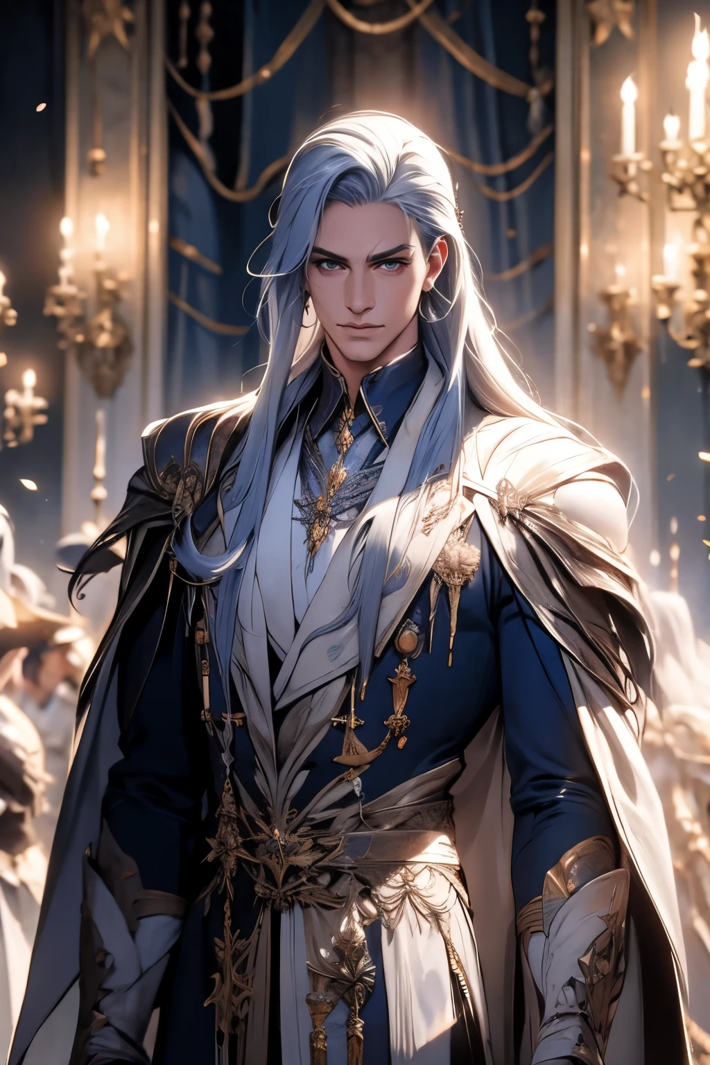 in bad shape，solo，8k,best qualtiy,Masterpiece, Shoulder blades，Handsome face，Detailed pubic hair，dynamic angle，palace of versailles，Adonis，magnificent robe，choker necklace，Long silver-blue hair，god light，