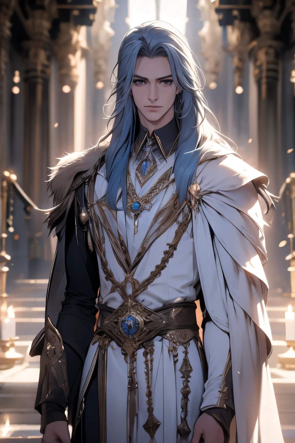 in bad shape，solo，8k,best qualtiy,Masterpiece, Shoulder blades，Handsome face，Detailed pubic hair，dynamic angle，palace of versailles，Adonis，magnificent robe，choker necklace，Long silver-blue hair，god light，