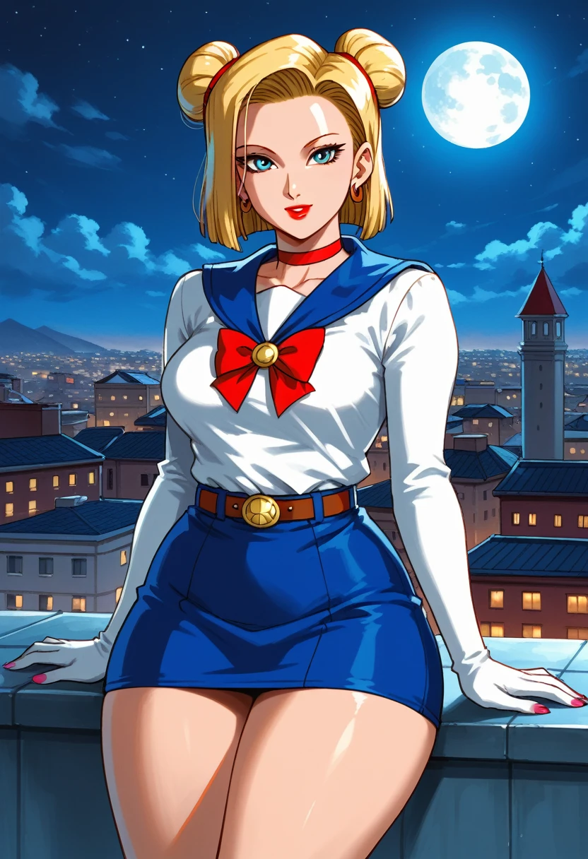 score_9, score_8_up, score_7_up, source_anime, front view, happy, smilling, sysdeep_android18. blonde hair, blue eyes, short hair, earrings,  double bun, twintails, parted bangs, tiara, earrings, blue eyes, red choker, blue sailor collar, red bow, white shirt, elbow gloves, white gloves, blue skirt, pink nails, makeup, 1girl, lipstick, makeup, earrings, red lips. (((big hips))), hourglass body, (medium breasts:1.5), slim waist, detailed background. femenine hands, curvaceous figure. (wide hips:1.5), (wide thighs:1.5),, buildings, (mature body), perfect eyes, front view, nail polish, (perfect hands), masterpiece, high quality, 1girl, mature woman, milf, makeup, thick red lips, detail face, hourglass body, curvy body, perfect huge round breast, wide hips, thick thighs, night, looking at viewer, (rooftop:1.5), outdoors, city  background, smooth, cinematic lighting, moon lighting, good_hands 