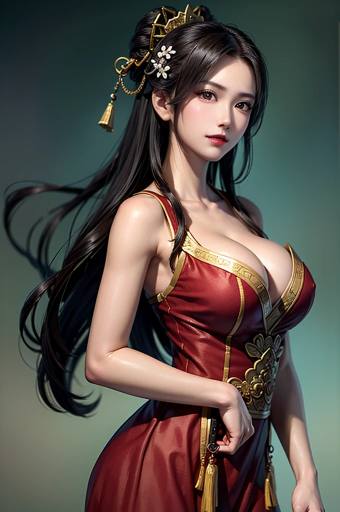 Close up of a woman in a red dress with a sword,beautiful empress ,Chinese Warrior, beautiful rendering of the Tang Dynasty, Beautiful Fantasy Empress ,masterpiece,Ancient Chinese Goddess,1 person,Close up of a woman with big breasts and cleaves , highly detailed face and skin textures,  lift up to ,Perfect beauty: 1.4, fine grain,double eyelid, Whitening skin,Best Quality,  super high resolution  ,  simple background, 8k high quality detailed art ,