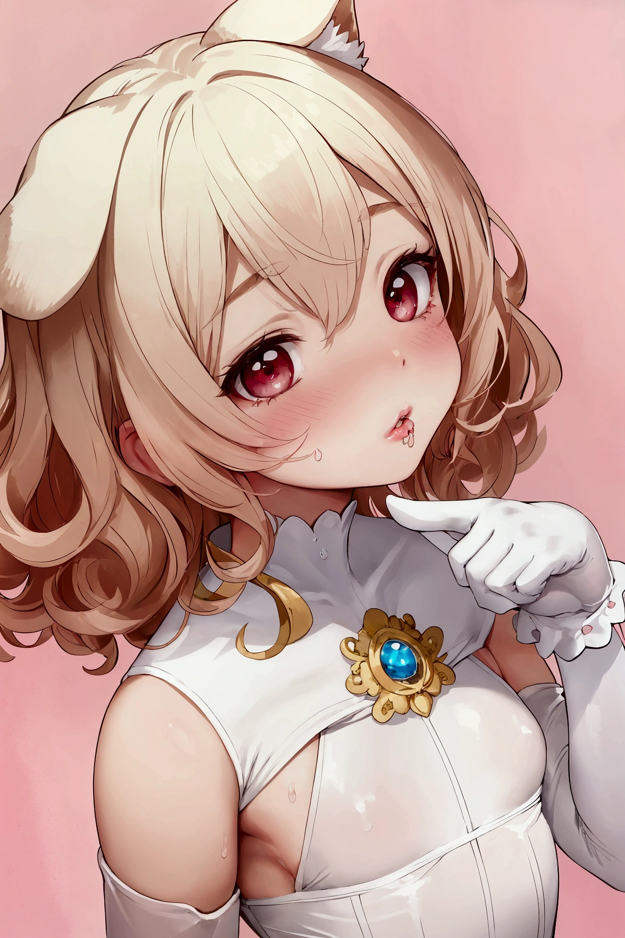 Sexy Girls,masterpiece, Best Quality,  Kampala,  White gloves,  JEWELRY, White leotard,  perfect face,  perfect eyes, lips, Small breasts,  medium cut hair ,Curly Hair, blonde hair ,Red eyes,Dog ears, Sweaty ,blush,Looking up, drool,soft pink background,