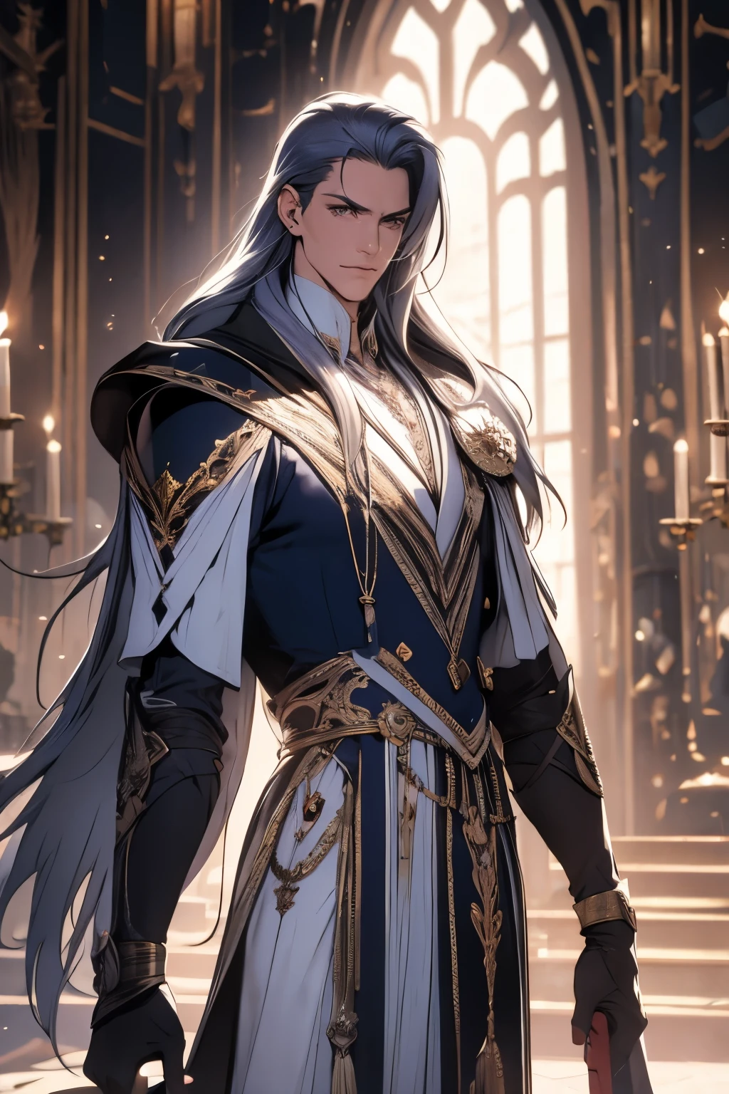 in bad shape，solo，8k,best qualtiy,Masterpiece, Shoulder blades，Handsome face，Detailed pubic hair，dynamic angle，palace of versailles，Adonis，magnificent robe，choker necklace，Long purple hair，god light，