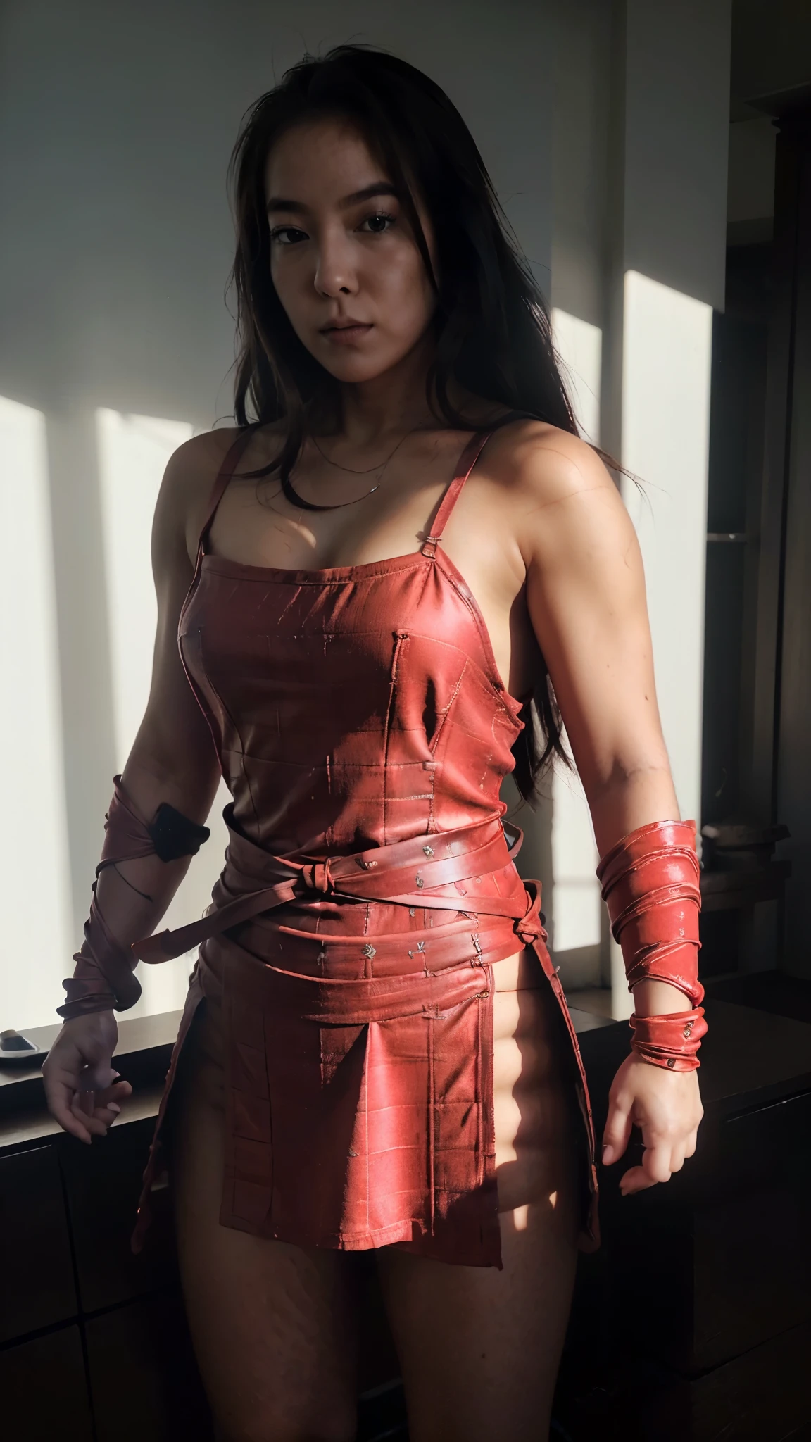 (masterpiece, top-quality:1.3),(Top image quality,8K,​masterpiece:1.3),Realistic high-quality photos, Cinematic Light, Photorealistic, Super beauty、(Female ninja:1.3), Extremely agile warrior, fitness, intricate-detail, Red Ninja Costume, two swords, asian 25 year old girl, (small-breasted:1.3)